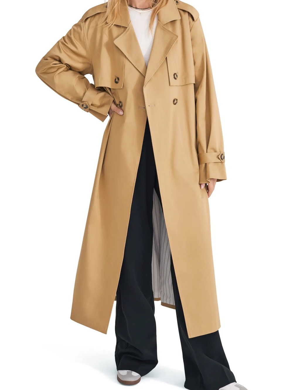 Favorite Daughter Tan Long Double-Breasted Trench Coat